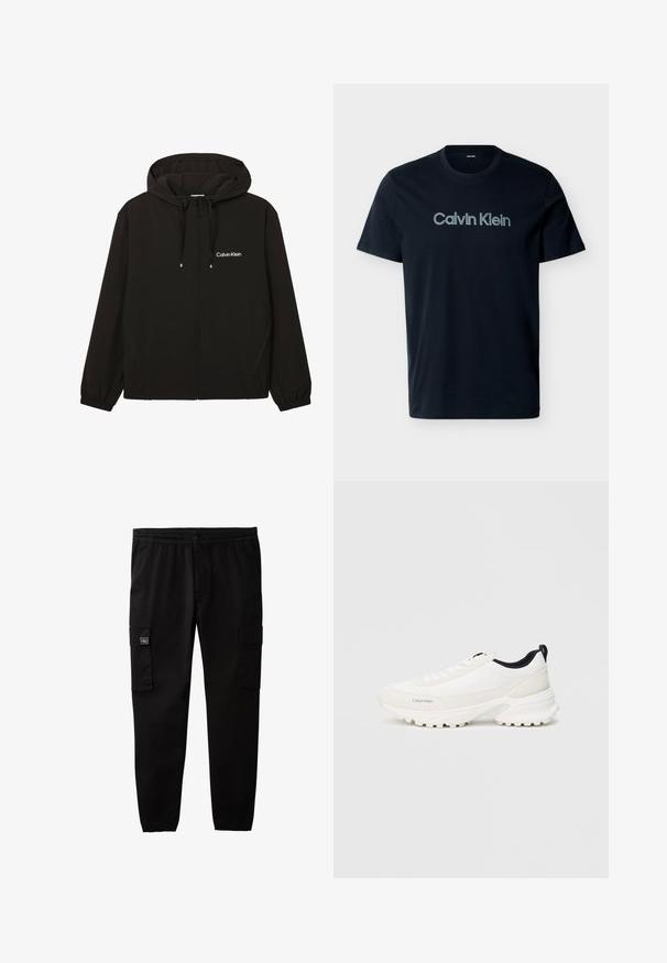 Veste noire zippée à capuche avec poches avant, poignets élastiques, cordons et logo Calvin Klein blanc sur la poitrine gauche.; T-shirt noir à manches courtes et col rond avec le logo "Calvin Klein" imprimé en lettres gris clair sur la poitrine.; Pantalon cargo noir avec taille et poignets élastiques, fermeture par bouton et fermeture éclair, et poches à rabat sur chaque cuisse.; Baskets de sport blanches avec un dessus lisse et un col rembourré, présentant une semelle texturée distincte pour l'adhérence et un logo discret sur le côté.