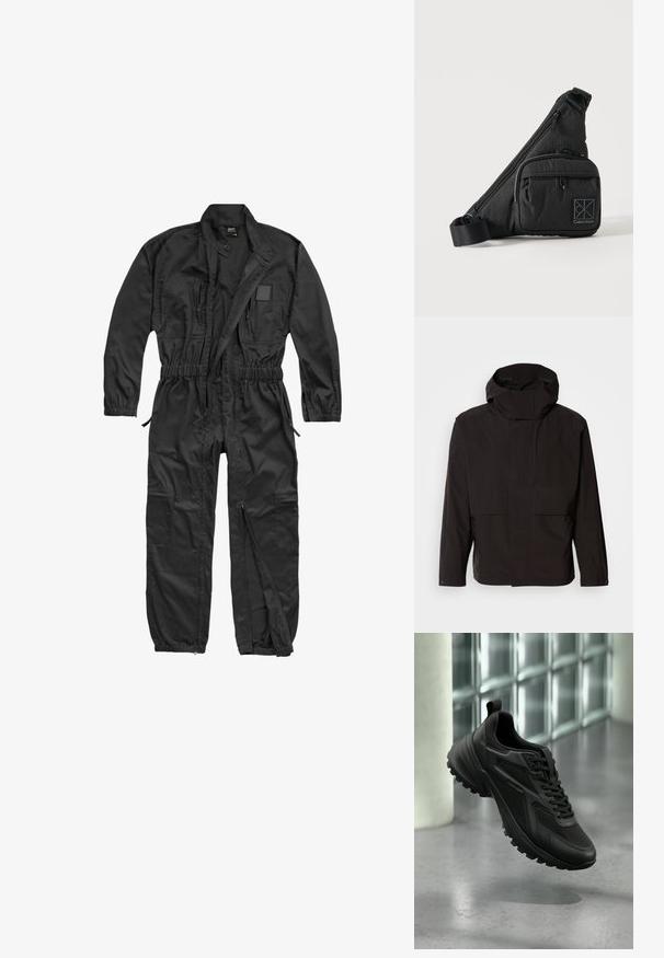 Zwarte capuchonjack met een minimalistisch ontwerp, ritssluiting en twee voorzakken. Gemaakt van glad, lichtgewicht stof.; Brandit BRANDIT HERREN EINSATZKOMBI - Jumpsuit - black; Zwarte sportieve sneaker met gestructureerde zool en veters, zwevend boven een grijze vloer met op achtergrond een glazen metselblokwand.; Zwarte Calvin Klein crossbodytas met verstelbare band, voorvak met rits en een subtiel logopatroon op een effen achtergrond.