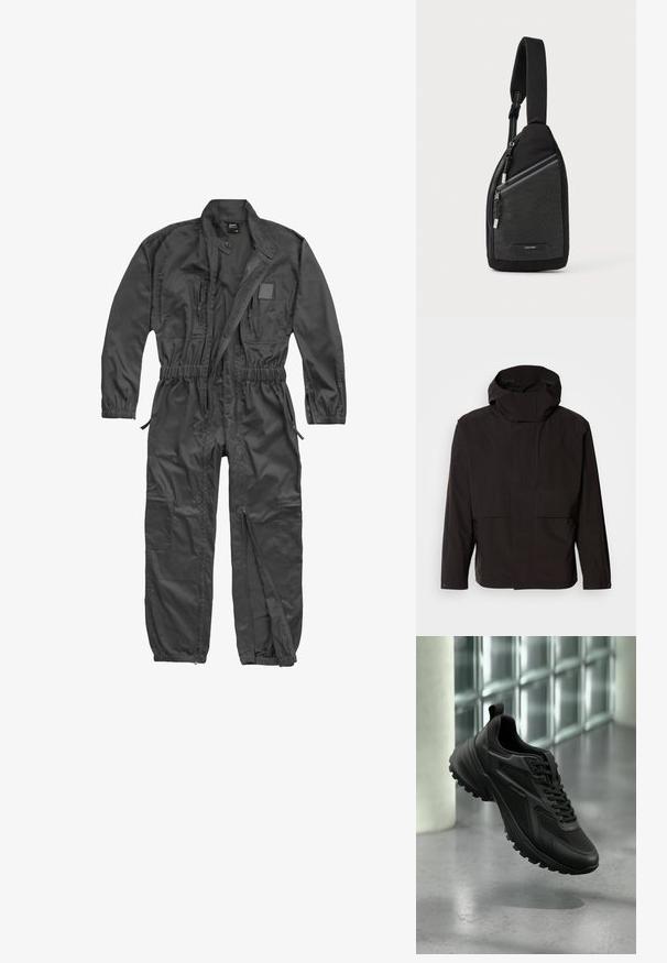 Schwarze Kapuzenjacke mit minimalistischem Design, Reißverschluss und zwei Fronttaschen. Aus glattem, leichtem Stoff gefertigt.; Schwarzer Overall mit langen Ärmeln, Frontreißverschluss, elastischem Bund und Bündchen, mehreren Reißverschlusstaschen und Stehkragen mit Druckknopf.; Schwarzer Sportschuh mit strukturierter Sohle und Schnürsenkeln, schwebend über einem grauen Boden vor einer Glasbausteinwand.; Schwarze Umhängetasche mit strukturiertem Design im Rastermuster, verstellbarem Riemen und Reißverschlusstasche mit silberfarbenen Beschlägen.