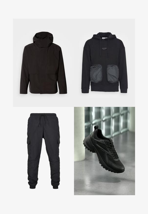 Čierna kapucňová bunda s minimalistickým dizajnom, so zapínaním na zips a dvoma prednými vreckami. Vyrobená z hladkej, ľahkej tkaniny.; Čierna mikina s kapucňou a voľným strihom, so štylizovanými dvoma veľkými prednými vreckami na zips z lesklého materiálu. Malá logo nášivka nad vreckami.; Čierne cargo nohavice s elastickým pásom a sťahovacím povrázkom, so bočnými vreckami a manžetami na spodnej časti. Vyrobené z ľahkej, odolnej tkaniny.; Čierna atletická teniska s textúrovanou podrážkou a šnúrkami, vznášajúca sa nad sivou podlahou s pozadím zo sklenených blokov.
