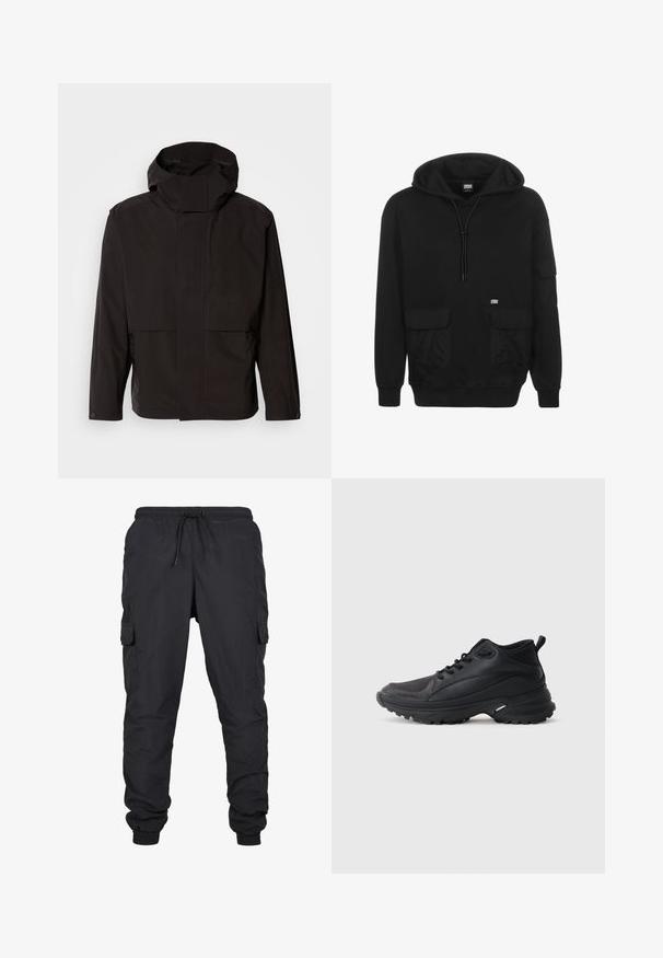 Sort hættejakke med et minimalistisk design, lynlåslukning og to frontlommer. Fremstillet af glat, letvægtsstof.; Sort hættebluse lavet af blødt stof, med snørehætte, frontlommer og et logo-patch på venstre brystområde.; Sorte cargo bukser med elastisk talje og snoretræk, med sidelommer og manchetter. Lavet af let og holdbart stof.; Sorte atletikskøjter lavet af syntetisk materiale. Har en polstret krave, rund tå, robust ydersål med godt greb og detaljer med mærkelogo.