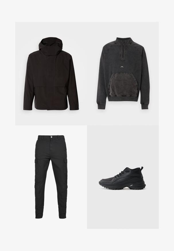 Zwarte capuchonjack met een minimalistisch ontwerp, ritssluiting en twee voorzakken. Gemaakt van glad, lichtgewicht stof.; Zwart gewassen halve rits sweater met kangoeroezak, geribde manchetten en zoom, en klein "A C W" logo op de borst.; Zwarte cargobroek van duurzaam materiaal. Beschikt over meerdere zijzakken, een knoopsluiting en een taps toelopend ontwerp. Vlakke voorkant, geen patronen.; Zwarte sportschoenen gemaakt van synthetisch materiaal. Voorzien van een gevoerde kraag, ronde neus, stevige buitenzool met grip en merkembleem.
