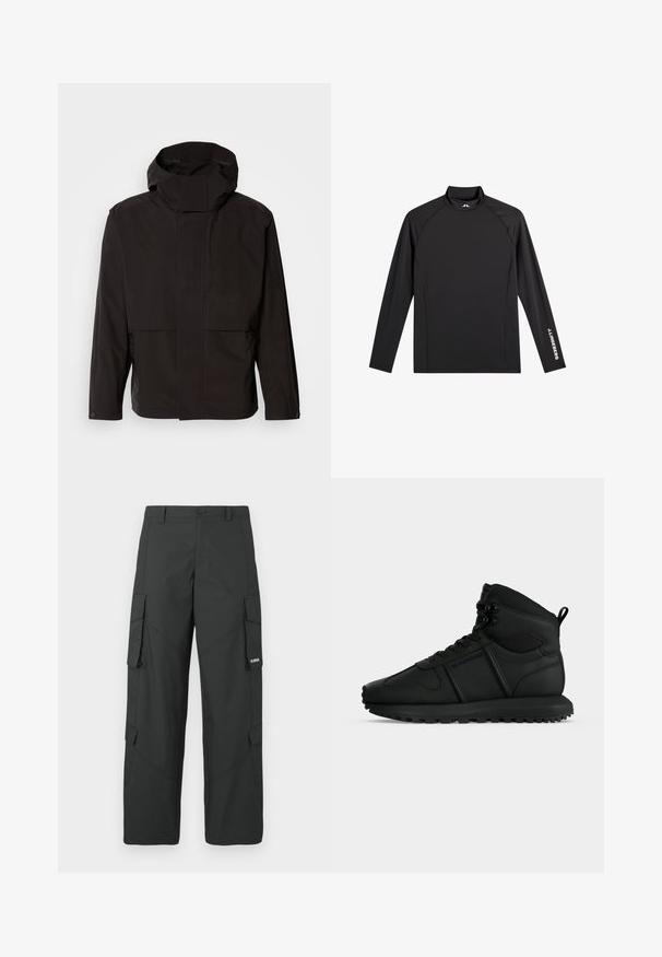 Zwarte capuchonjack met een minimalistisch ontwerp, ritssluiting en twee voorzakken. Gemaakt van glad, lichtgewicht stof.; Zwart sporttopje met lange mouwen, opstaande kraag, slim fit en witte "J.Lindeberg"-logo op linkerarm en kraag.; Zwarte cargo broek met rechte pijpen, zijflapzakken, knoopsluiting, riemlussen en een klein wit logo op de flap van de rechterzak.; Zwarte hoge sneaker met dikke zool, veters aan de voorkant en trekkoord bij de hiel, van opzij getoond tegen een effen witte achtergrond.