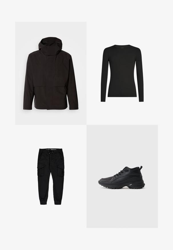Schwarze Kapuzenjacke mit minimalistischem Design, Reißverschluss und zwei Fronttaschen. Aus glattem, leichtem Stoff gefertigt.; Schwarzes, langärmeliges, figurbetontes T-Shirt mit Rundhalsausschnitt und dezentem Icebreaker-Logo auf dem linken Ärmel, dargestellt vor weißem Hintergrund.; Schwarze Cargo-Hosen aus leichtem Stoff, mit elastischem Bund, Kordelzug und mehreren Seitentaschen sowie schmal zulaufenden Bündchen.; Schwarze Sportschuhe aus synthetischem Material. Ausgestattet mit einem gepolsterten Kragen, einer runden Spitze, einer robusten Laufsohle mit Profil und einem Markenlogo.