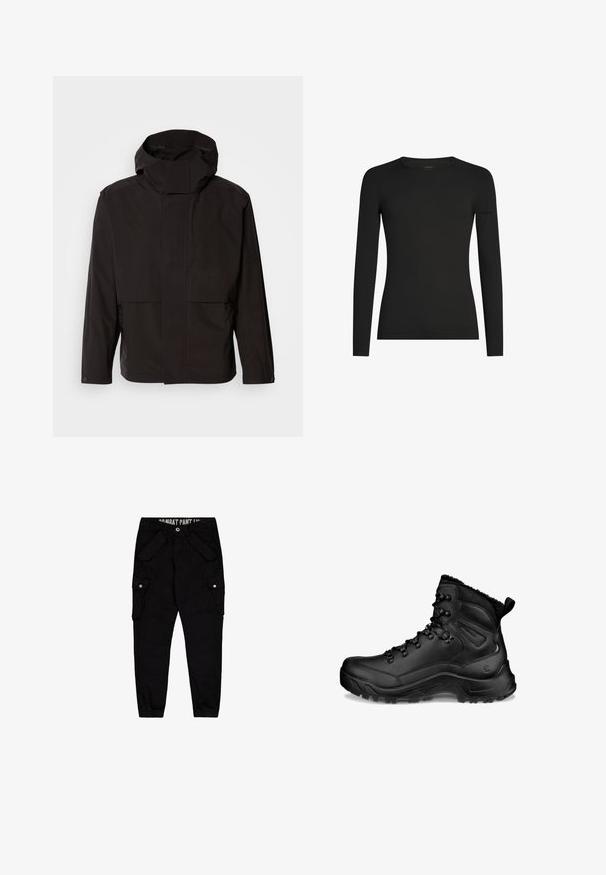 Schwarze Kapuzenjacke mit minimalistischem Design, Reißverschluss und zwei Fronttaschen. Aus glattem, leichtem Stoff gefertigt.; Schwarzes, langärmeliges, figurbetontes T-Shirt mit Rundhalsausschnitt und dezentem Icebreaker-Logo auf dem linken Ärmel, dargestellt vor weißem Hintergrund.; Schwarze Cargo-Hosen aus Baumwolle, mit mehreren Taschen, einer taillierten Passform und elastischen Bündchen an den Knöcheln.; Schwarzer hoher Wanderschuh mit gepolstertem Knöchel, Schnürhaken, robuster Sohle und Zuglasche an der Ferse, entworfen für den Außeneinsatz und kaltes Wetter.