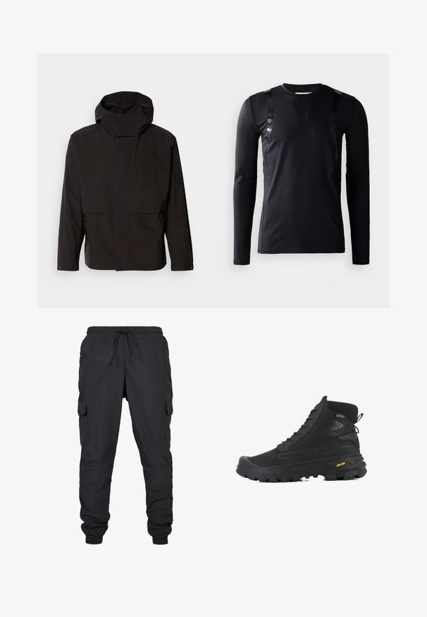 Zwarte capuchonjack met een minimalistisch ontwerp, ritssluiting en twee voorzakken. Gemaakt van glad, lichtgewicht stof.; Zwarte lange-mouwen sportshirt gemaakt van glad, rekbaar materiaal. Kenmerkt zich door glanzende zwarte accenten op de schouders en een Adidas-logo op de borst.; Zwarte cargobroek met een elastische tailleband en trekkoord, voorzien van zijzakken en geribbelde uiteinden. Gemaakt van lichtgewicht, duurzaam materiaal.; Zwarte hoge laarzen met een gestructureerd oppervlak, voorzien van een waterdicht ontwerp, vetersysteem en een opvallende rubberen zool met Vibram-merktekens.