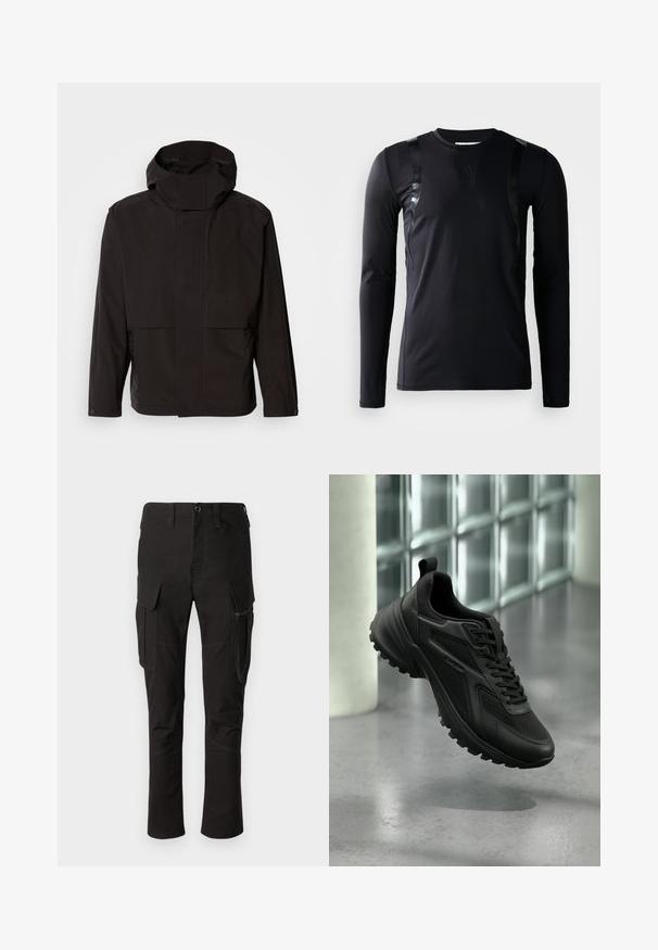 Sort hættejakke med et minimalistisk design, lynlåslukning og to frontlommer. Fremstillet af glat, letvægtsstof.; Sort langærmet træningsskjorte lavet af glat, strækbart stof. Har glansfulde sorte detaljer på skuldrene og et Adidas-logo på brystet.; Sorte cargo bukser med flere lommer, lynlåslomme på siden og forstærkede syninger, der har en lige ben-design og holdbart stof.; Sort atletiksneaker med tekstureret sål og snørebånd, svævende over en grå gulv med væg af glasblokke i baggrunden.