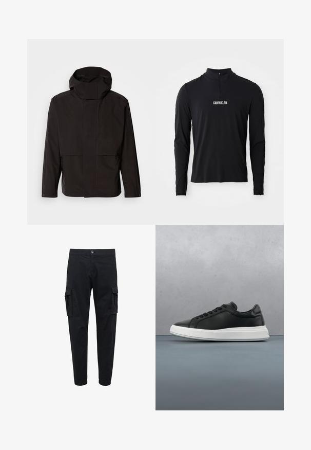 Schwarze Kapuzenjacke mit minimalistischem Design, Reißverschluss und zwei Fronttaschen. Aus glattem, leichtem Stoff gefertigt.; Schwarzes Langarmoberteil mit hohem Kragen, ausgestattet mit einem Viertel-Reißverschluss und weißem "CALVIN KLEIN" Logo auf der Vorderseite. Glatter, elastischer Stoff.; Schwarze Cargo-Hosen mit mehreren Seitentaschen, einem Knopfverschluss und einem schmal zulaufenden Design. Hergestellt aus einem strapazierfähigen Stoff mit glatter Textur.; Schwarze Ledersneaker mit glatter Oberfläche, weißer Gummisohle, rundem Design, sechs Ösen für die Schnürsenkel und dezentem Branding an der Ferse.