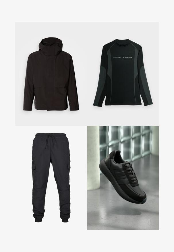 Sort hættejakke med et minimalistisk design, lynlåslukning og to frontlommer. Fremstillet af glat, letvægtsstof.; Sort langærmet skjorte med høj krave, lavet af tekstureret stof. Har grå sidepaneler og "NIKE TECH" logo over brystet.; Sorte cargo bukser med elastisk talje og snoretræk, med sidelommer og manchetter. Lavet af let og holdbart stof.; Sorte lædersneakers med teksturerede detaljer, snørebåndsdesign, rund tå og gummisål med en kontrasterende blå detalje.
