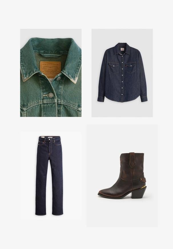 Denim jas in vervaagd teal met een puntige kraag, zilveren knopen en een leren label met merkinformatie.; Donkerblauwe denim overhemd met lange mouwen, kraag met knopen aan de voorkant, twee borstzakken met kleppen en contrasterende gele stiksels.; Donkerblauwe straight-leg denim jeans met vijf zakken en zichtbare oranje stiksels op een witte achtergrond.; Bruine leren cowboylaars met een puntenneus en gestapelde hak. Voorzien van een decoratief ruitpatroon en een riem met hardware accent.