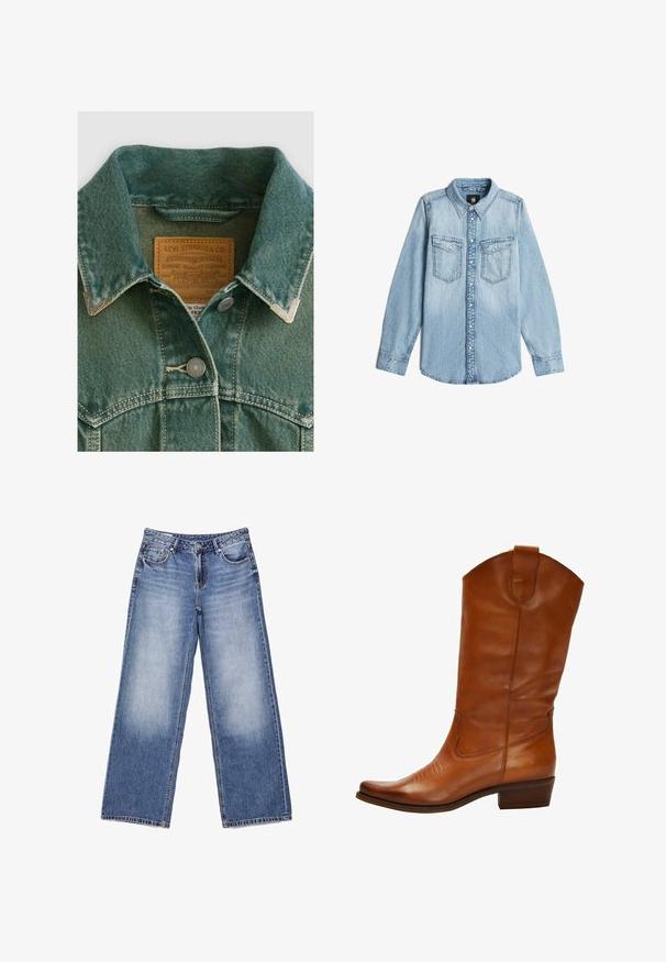 Jeansjacke in verblasstem Türkis mit spitzem Kragen, silbernen Knöpfen und einem Lederetikett mit Branddetails.; Helles blaues Denim-Hemd mit langen Ärmeln, Kragen, aufknöpfbarem Frontverschluss und zwei Brusttaschen mit Knopfklappen.; Blaue Jeans aus Denim mit hoher Taille, weitem Bein, vorderen Taschen und ausgewaschenen Bereichen an den Oberschenkeln, flach auf einem weißen Hintergrund liegend.; Braune Leder-Cowboy-Stiefel mit spitzem Zehenbereich, dekorativer Stickerei auf dem Vorderblatt und niedrigem, gestapeltem Absatz. Mit einem Zugriemen oben.