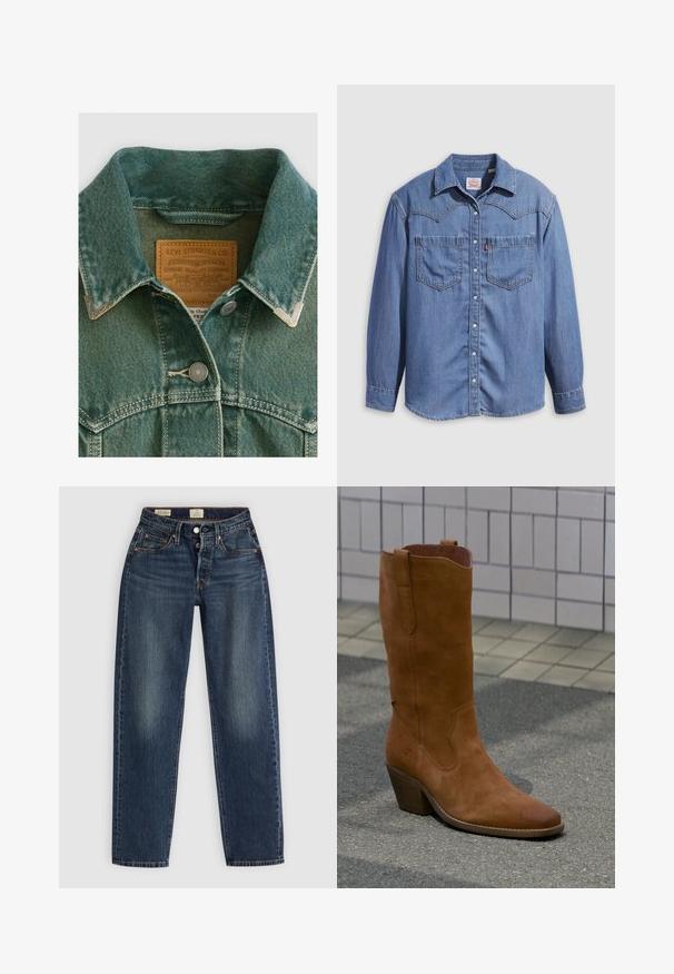 Chaqueta de mezclilla en teal desgastado con un cuello puntiagudo, botones de hardware plateados y una etiqueta de cuero con los detalles de la marca.; Camisa de mezclilla azul claro con cuello puntiagudo, dos bolsillos en el pecho y botones a presión. Presenta un diseño de canesú estilo occidental.; Jeans de mezclilla azul con un diseño de pierna recta, áreas desgastadas, bolsillos frontales y cierre de botón en la cintura. Sin patrones ni acentos visibles.; Botín vaquero de ante marrón único con tacón apilado sobre pavimento gris junto a una pared de azulejos beige.