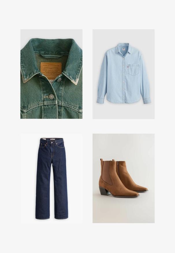 Denimjakke i falmet teal med spidse kraver, sølvfarvede hardware-knapper og et lædermærke med brandoplysninger.; Lyseblå denimskjorte med spidse kraver, lange ærmer, knaplukning og en brystlomme med et lille logomærke.; Mørkeblå straight-leg denim jeans med fem lommer, orange syninger og knaplukning.; Brune ruskinds ankelstøvler med elastiske sidepaneler, spids tå og en lav blokhæl. Har en lynlås på ydersiden for nem påtagning.