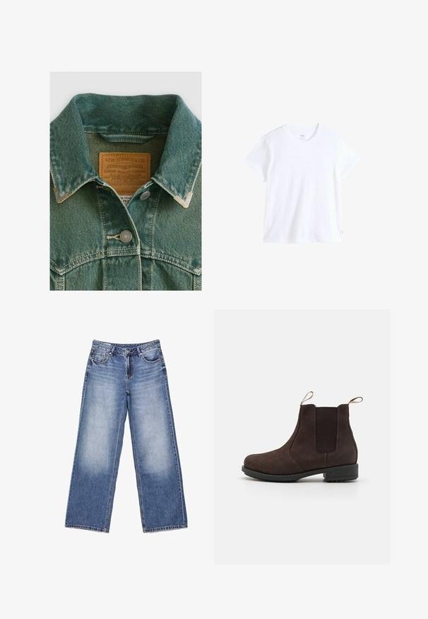 Denimjakke i falmet teal med spidse kraver, sølvfarvede hardware-knapper og et lædermærke med brandoplysninger.; Hvid bomuld t-shirt med korte ærmer, rund halsudskæring og lige kant. Har en lille rød logoetiket på nederste venstre side.; Blå denimjeans med højtaljede, vide ben, forlommer og falmede områder på lårene, lagt fladt på en hvid baggrund.; Brune ruskinds ankelstøvler med elastiske sidepaneler, pull tabs og en tekstureret sort gummisolet. Rund tå og syede detaljer.