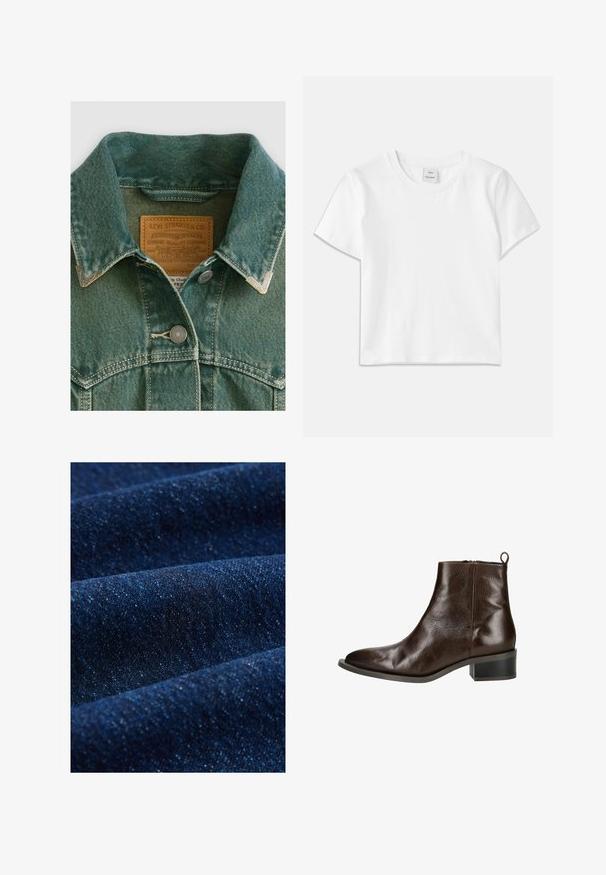 Denimjakke i falmet teal med spidse kraver, sølvfarvede hardware-knapper og et lædermærke med brandoplysninger.; Hvid bomulds-t-shirt med rund hals, korte ærmer og lige kant. Mærke med teksten "Won Hundred" placeret i midten af halsudskæringen.; Mørkeblå denimstof med en glat tekstur, subtil glans og let stræk. Synlig twill-mønster og fine, kontrasterende tråde.; Brun læder ankelstøvle med rund tå, glat overflade og lav blokhæl; har en lynlås i siden og en træksløjfe bagpå.