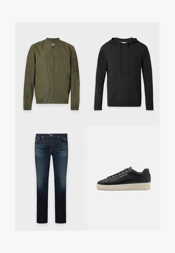 Veste bomber vert olive avec fermeture éclair sur le devant, col, poignets et ourlet côtelés, et une poche zippée sur la manche gauche.; Sweat à capuche gris foncé à manches longues avec cordons et poche kangourou à l'avant, présenté sur un fond clair uni.; Jean slim bleu foncé avec légère décoloration sur les cuisses et les genoux, design à cinq poches, et fermeture par bouton à la taille.; Sneaker en cuir noir avec une finition lisse, semelle crème contrastante, bout arrondi, logo doré sur le côté et six œillets pour les lacets.