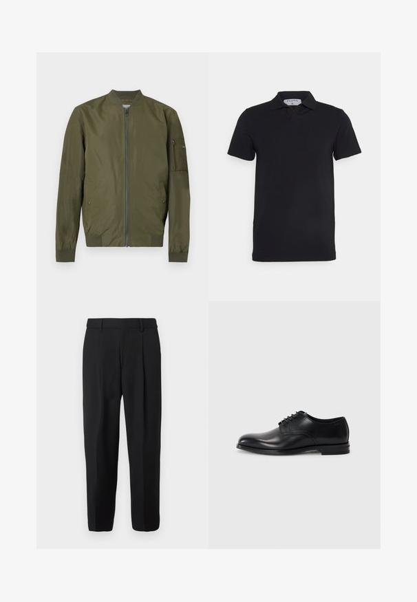 Veste bomber vert olive avec fermeture éclair sur le devant, col, poignets et ourlet côtelés, et une poche zippée sur la manche gauche.; Polo noir à manches courtes avec un col classique, fabriqué en tissu lisse. Présente une étiquette avec le nom de la marque 'Filippa K' au niveau de l'encolure.; Pantalon noir à jambe droite, confectionné en tissu tissé, avec devant plat, passants pour ceinture et deux poches latérales.; Chaussure habillée en cuir noir avec un bout arrondi, un lacet, une texture lisse et une semelle en caoutchouc basse. Détails de couture minimaux.