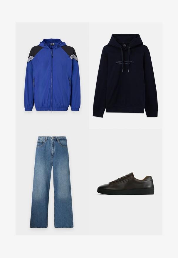 Veste légère bleue avec capuche, dotée d'accents noirs aux épaules et de détails rayés. Fermeture zippée à l'avant et poignets élastiques. Texture lisse.; Sweat à capuche bleu marine avec cordons de serrage et "Armani Exchange Milano / New York" imprimé sur la poitrine, avec des poignets et un ourlet côtelés.; Jean en denim bleu à jambes évasées avec un design classique à cinq poches, fermeture à bouton à l'avant et légères décolorations pour ajouter de la texture.; Baskets basses en cuir marron foncé avec semelle en caoutchouc noire, lacets à l'avant et design minimaliste épuré sur fond clair.