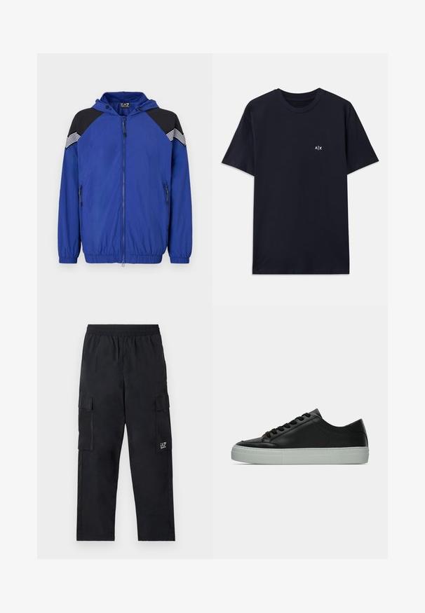Chaqueta ligera azul con capucha, con acentos en negro en los hombros y detalles a rayas. Frente con cremallera y puños elásticos. Textura suave.; Camiseta de algodón de color azul marino con mangas cortas y cuello redondo. Presenta un pequeño logo blanco "A|X" en la parte izquierda del pecho.; Pantalones cargo negros con cintura elástica, bolsillos laterales y un pequeño logo en la pierna izquierda. Fabricados con tejido ligero y suave.; Zapatilla negra de cuero con acabado liso, que presenta una puntera ancha y una suela de goma gris clara. Cordones y acentos mínimos completan el diseño.