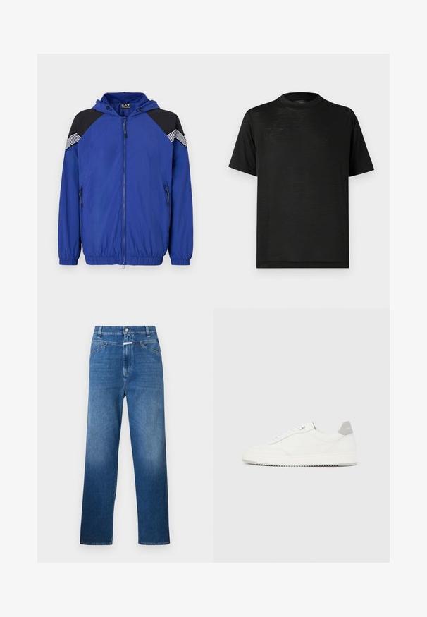 Veste légère bleue avec capuche, dotée d'accents noirs aux épaules et de détails rayés. Fermeture zippée à l'avant et poignets élastiques. Texture lisse.; T-shirt noir à manches courtes avec un col montant, présentant une texture lisse et une légère brillance, fabriqué en tissu léger. Aucun logo visible.; Jean en denim bleu avec une coupe droite, présentant une fermeture à bouton, des passants de ceinture et un léger délavage sur les cuisses.; Baskets basses blanches avec un onglet de talon gris, des lacets blancs et une semelle texturée, présentées sur un fond uni clair.