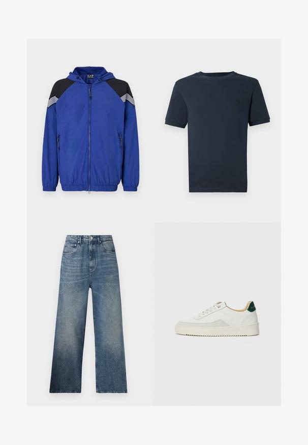 Chaqueta ligera azul con capucha, con acentos en negro en los hombros y detalles a rayas. Frente con cremallera y puños elásticos. Textura suave.; Camiseta de algodón azul oscuro con mangas cortas, cuello redondo y un pequeño logotipo texturizado en la parte izquierda del pecho. Acabado de tela suave.; Jeans de mezclilla azul de pierna ancha con cintura alta, que presentan un desgaste sutil, cinco bolsillos y un cierre de botón metálico en la parte delantera.; Zapatilla blanca con acentos de ante, puntera redondeada, cordones planos y suela de goma color crema. Presenta un logo verde en el talón.