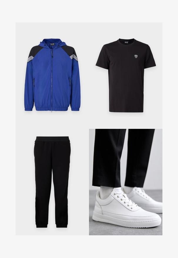 Leichte blaue Jacke mit Kapuze, ausgestattet mit schwarzen Schulterakzenten und gestreiften Details. Mit Reißverschluss vorne und elastischen Bündchen. Glatte Textur.; Schwarzes T-Shirt mit kurzen Ärmeln aus glattem Stoff, mit einem dezenten gestickten Logo auf der linken Brust und einem klassischen Rundhalsausschnitt.; Schwarze Sweatpants aus einem weichen Material, mit elastischem Bund, eng anliegenden Bündchen und Seitentaschen für zusätzlichen Komfort.; Weiße Leder-Sneaker mit flacher Gummisohle, ausgestattet mit einer glatten Oberfläche, runder Zehenpartie und Metallösen für die Schnürsenkel. Getragen mit schwarzen Hosen.