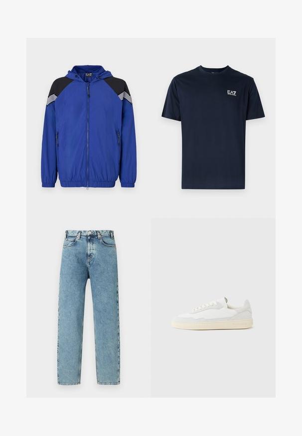 Veste légère bleue avec capuche, dotée d'accents noirs aux épaules et de détails rayés. Fermeture zippée à l'avant et poignets élastiques. Texture lisse.; T-shirt en coton bleu marine à manches courtes, col rond, avec le logo EA7 en blanc sur le côté supérieur gauche. Texture lisse, design décontracté.; Jeans en denim bleu clair avec une coupe droite, cinq poches et fermeture par bouton en laiton. Le tissu présente une texture légèrement usée et un aspect délavé.; Baskets blanches avec dessus en daim et cuir texturé. Caractérisées par un bout arrondi, une fermeture à lacets et une semelle en caoutchouc beige contrastante.
