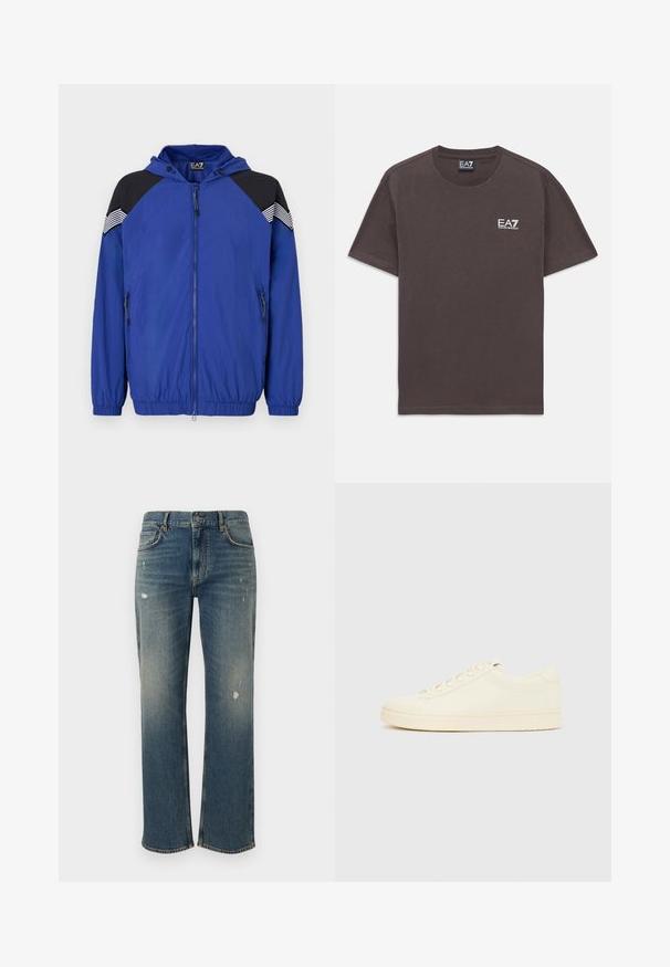 Veste légère bleue avec capuche, dotée d'accents noirs aux épaules et de détails rayés. Fermeture zippée à l'avant et poignets élastiques. Texture lisse.; T-shirt à col rond gris foncé à manches courtes avec un petit logo blanc EA7 Emporio Armani sur la poitrine gauche et une étiquette au cou.; Jeans en denim bleu moyen avec une coupe droite, présentant des décolorations légères et des patches usés. Design classique à cinq poches et fermeture par bouton supérieur.; Baskets couleur crème avec une tige en cuir lisse, bout arrondi, laçage à l'avant et semelle en caoutchouc texturée. Design minimaliste, sans logo.