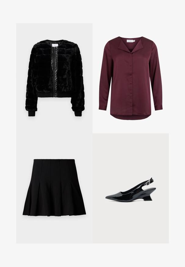 Veste bomber en fausse fourrure noire avec fermeture à glissière, poignets et ourlet côtelés, dotée d'un motif matelassé et d'accents en fausse cuir lisse.; Blouse bordeaux foncé à manches longues avec col plié et fermeture à boutons dissimulée sur le devant, réalisée en tissu lisse.; Jupe noire courte plissée en tissu lisse. Dispose d'une taille élastique et d'une silhouette évasée qui s'étend jusqu'au milieu de la cuisse.; Chaussure slingback en cuir verni noir avec bout pointu et petit talon bloc incliné sur fond clair uni.