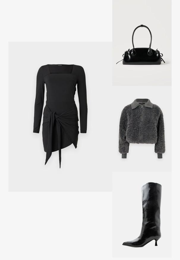 Veste à zip en fausse fourrure shearling gris foncé avec col et poignets côtelés, dotée d'une fermeture éclair à l'avant et d'une coupe légèrement courte.; Robe noire à manches longues avec un décolleté carré, dotée d’un nœud décoratif à la taille et d’un ourlet asymétrique. Texture lisse.; Botte en cuir noire brillante, haute jusqu'au genou, avec bout pointu et talon bas courbé sur un fond clair uni.; Petit sac à main noir brillant avec deux longues anses et des détails à cordon sur les côtés sur un fond clair uni.