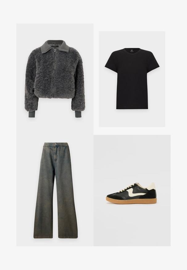 Veste à zip en fausse fourrure shearling gris foncé avec col et poignets côtelés, dotée d'une fermeture éclair à l'avant et d'une coupe légèrement courte.; T-shirt noir en coton à manches courtes avec col rond, vue de face, design uni, étiquette de la marque GAP à l'intérieur du col.; Jean large bleu foncé à taille haute, avec une fermeture à bouton sur le devant et une texture subtile. Le tissu semble légèrement délavé.; Baskets en daim et cuir noir avec un swoosh latéral crème et un talon crème clair. Dotées de lacets beige et d'une semelle en caoutchouc gomme.