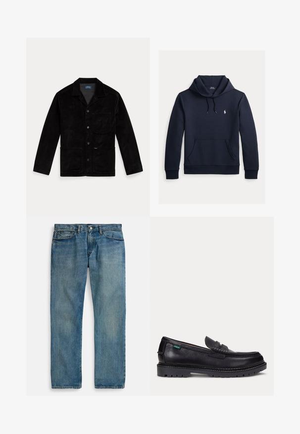 Schwarze Cordjacke mit spitzem Kragen, Vorderknöpfen, einer Brusttasche und zwei unteren Taschen. Glatte Textur und klassisches Design.; Dunkel marineblauer Kapuzenpullover mit vorderer Kängurutasche, Kapuzenkordel, langen Ärmeln und kleinem weißen Polo Ralph Lauren Logo auf der Brust.; Hellblaue Jeans aus Denim mit geradem Bein, fünf Taschen, Knopfverschluss und dezenter Used-Optik für mehr Textur.; Schwarzer Lederloafer mit dicker Profilsohle und kleinem grünen "Polo"-Etikett an der Außenseite nahe der Ferse.