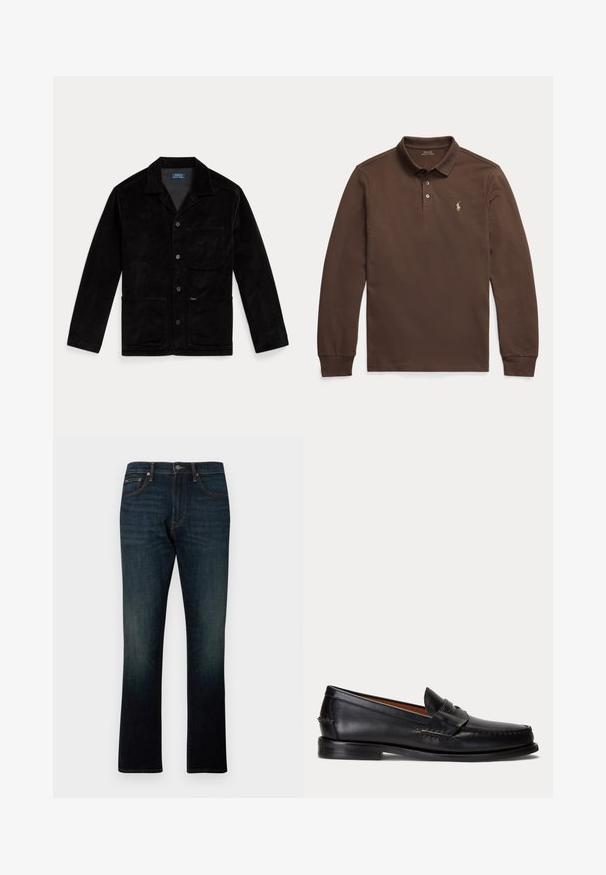 Zwarte corduroyjas met een puntige kraag, frontknopen, een borstzak en twee onderzakken. Gladde textuur en klassiek ontwerp.; Bruine poloshirt met lange mouwen, kraag en twee knopen, met een klein geborduurd logo op de linkerborst.; Donkerblauwe rechte denim jeans met vijf zakken en oranje stiksels, plat weergegeven op een witte achtergrond.; Zwarte leren loafer met lage hak en penny-strap detail, van opzij getoond op een lichtgrijze achtergrond.
