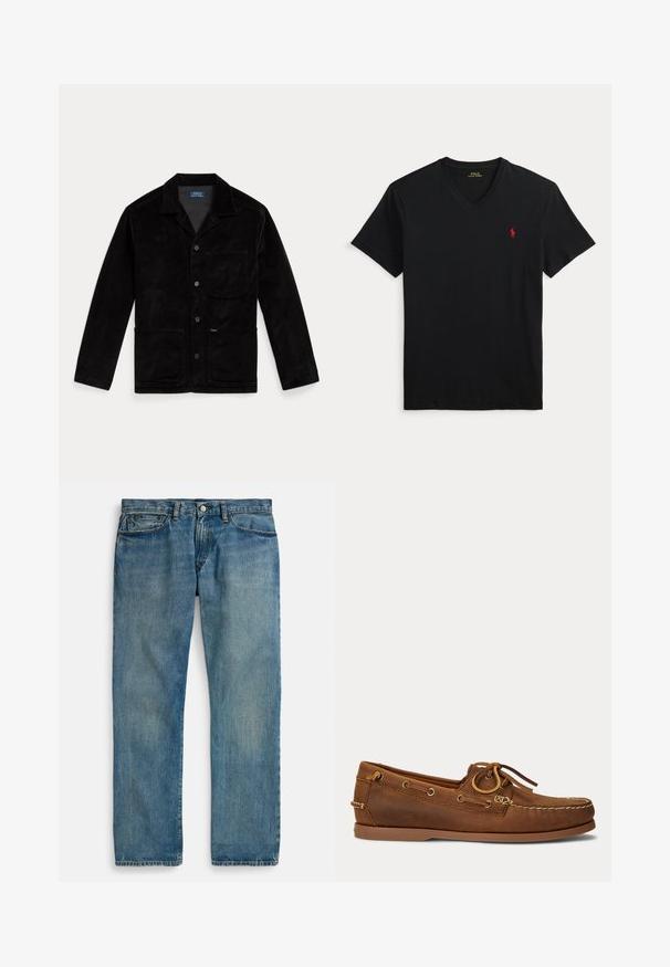 Zwarte corduroyjas met een puntige kraag, frontknopen, een borstzak en twee onderzakken. Gladde textuur en klassiek ontwerp.; Zwarte V-hals T-shirt met korte mouwen en een klein rood Polo Ralph Lauren-logo op de linkerborst.; Lichtblauwe denim jeans met een rechte pijpvorm, voorzien van vijf zakken, een knoopsluiting en subtiele vervaging voor textuur.; Bruine leren bootschoen met mocassinnaad, veterdetail doorgedreven door metalen oogjes en een platte rubberen zool, gezien van opzij.