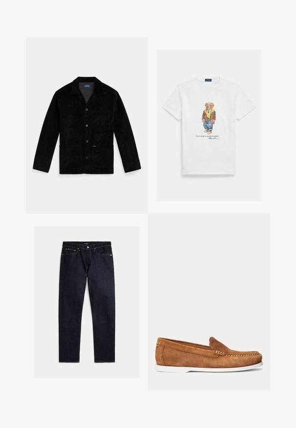 Chaqueta de pana negra con cuello puntiagudo, botones frontales, un bolsillo en el pecho y dos bolsillos inferiores. Textura suave y diseño clásico.; Camiseta blanca de algodón con una imagen gráfica de un oso de dibujos animados vestido. Detalles destacables incluyen una chaqueta marrón, una sudadera con capucha amarilla y vaqueros azules.; Vaqueros rectos de índigo oscuro con cinco bolsillos, cierre de botón y cremallera, y costuras naranjas en contraste sobre un fondo liso.; Mocasín de ante marrón con suela blanca y costuras beige a lo largo de la puntera y el borde superior, mostrado de perfil sobre un fondo liso.