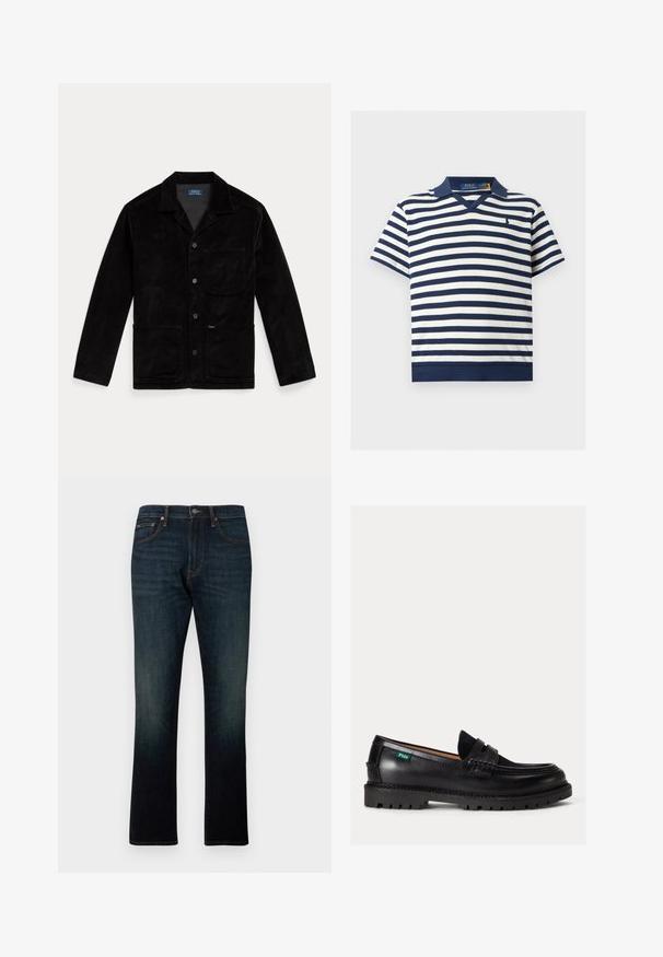Schwarze Cordjacke mit spitzem Kragen, Vorderknöpfen, einer Brusttasche und zwei unteren Taschen. Glatte Textur und klassisches Design.; Kurzärmeliges Poloshirt in Marineblau und Weiß mit horizontalen Streifen, mit Kragen und kleinem gesticktem Logo auf der linken Brust.; Dunkelblaue Straight-Leg-Denim-Jeans mit fünf Taschen und orangener Naht, flach auf weißem Hintergrund dargestellt.; Schwarzer Lederloafer mit dicker Sohle, abgerundeter Spitze und grünem Polo-Logo-Label an der Seite.