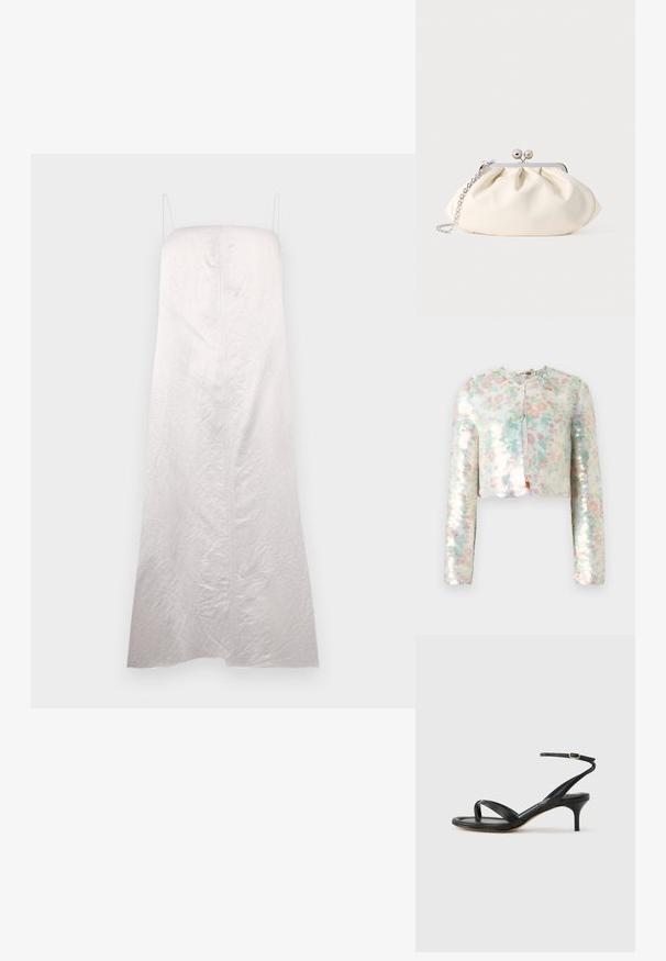 Chaqueta recortada de manga larga, con un patrón floral en colores pastel y lentejuelas brillantes. Cuello redondo, detalle de cierre frontal.; Vestido blanco sin mangas con una silueta recta, hecho de una tela ligeramente texturada, con una costura central y tirantes mínimos.; Sandalia negra de cuero para mujer con tiras finas, un lazo para el dedo del pie, hebilla en el tobillo y tacón de aguja de altura media sobre un fondo neutro.; Bolso de mano de tela color crema con diseño fruncido, marco metálico plateado, dos bolas decorativas y correa de cadena plateada.