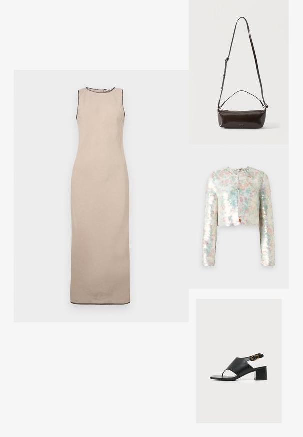 Chaqueta recortada de manga larga, con un patrón floral en colores pastel y lentejuelas brillantes. Cuello redondo, detalle de cierre frontal.; Vestido maxi sin mangas beige con una textura suave, que presenta un cuello redondo y un sutil ribete negro a lo largo de los bordes.; Sandalia negra de cuero con puntera abierta, tacón bajo de bloque y correa en el tobillo con hebilla ovalada dorada, vista lateral sobre fondo blanco.; Pequeño bolso de hombro de cuero marrón oscuro brillante con correa ajustable, asa superior y cierre de cremallera dorado.