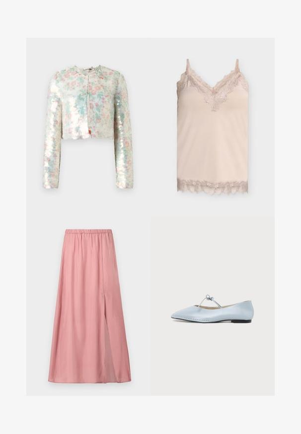 Chaqueta recortada de manga larga, con un patrón floral en colores pastel y lentejuelas brillantes. Cuello redondo, detalle de cierre frontal.; Camisola beige de seda con ribete de encaje en el escote en V, tirantes y bajo, sobre un fondo liso gris claro.; Falda midi rosa suave con cintura elástica y abertura lateral, confeccionada en tela ligera y suave.; Zapato plano de color azul claro con puntera puntiaguda, una delgada correa anudada en la parte superior y un pequeño tacón negro.