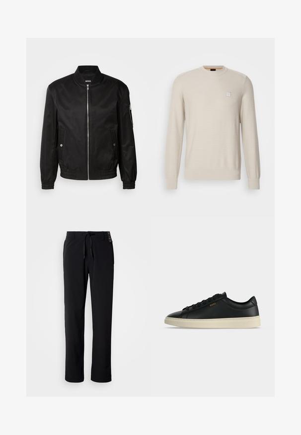 Veste bomber noire en tissu lisse, dotée d'un col côtelé, d'une fermeture éclair à l'avant, de poches latérales et de poignets et ourlet élastiques.; Pull beige clair en tissu texturé. Présente un col rond, des manches longues et un petit logo carré sur la poitrine.; Pantalon noir et léger avec une coupe droite. Doté d'une taille à cordon de serrage et d'une texture lisse. Convient pour une tenue décontractée.; Baskets basses en cuir noir avec semelle blanche, lacets noirs et petit logo BOSS doré sur le côté.