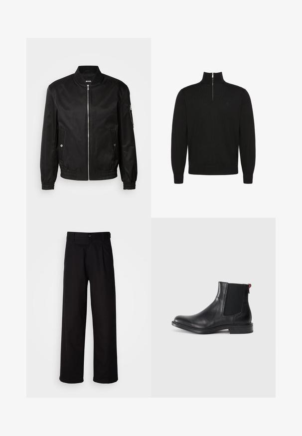 Schwarze Bomberjacke aus glattem Material, mit einem gerippten Kragen, vorne mit Reißverschluss, seitlichen Taschen und elastischen Bündchen sowie Bund.; Schwarzer Langarmpullover mit halbem Reißverschluss vorne und gerippten Bündchen und Saum, mit kleinem, unauffälligem Logo auf der Brust.; Schwarze Hosen aus glattem Stoff, mit geradem Bein, vornehme Falten und einem einzigen Knopfverschluss an der Taille.; Schwarze Leder-Chelsea-Stiefel mit elastischen Seitenteilen, runder Zehenform und niedrigem gestapeltem Absatz. Mit rotem Zugband und dezenten Branding an der Seite.