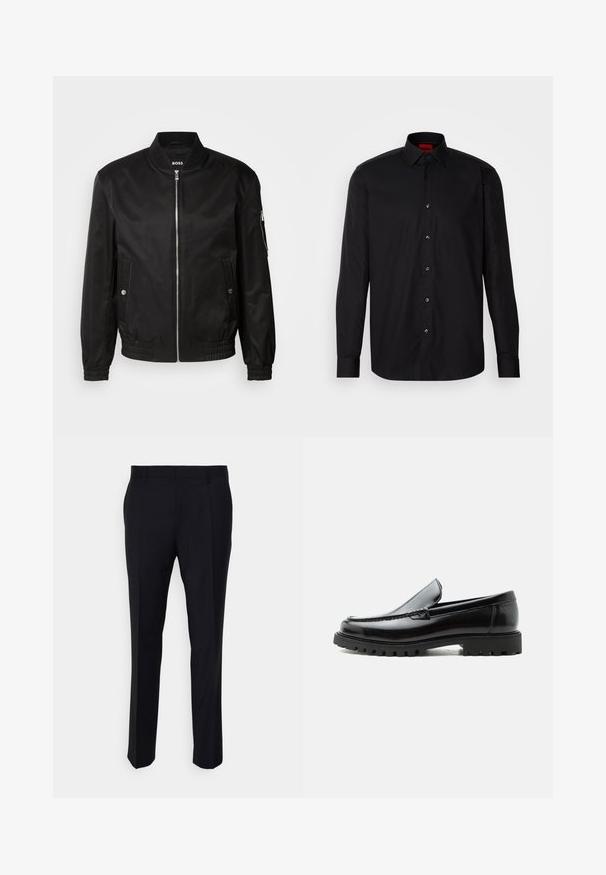 Chaqueta bomber negra hecha de tela suave, con un cuello de canalé, cremallera frontal, bolsillos laterales y puños y dobladillo elásticos.; Camisa negra de manga larga hecha de una tela suave, con un cuello clásico con tapa, cierre frontal de botones y un ajuste entallado.; Pantalones negros confeccionados en tela tejida, con un corte ajustado, frente plano, bolsillos laterales y un diseño de pierna recta.; Mocasín de cuero negro con suela de goma gruesa, empeine cosido y nombre de la marca en relieve en el talón, mostrado en perfil lateral sobre fondo blanco.