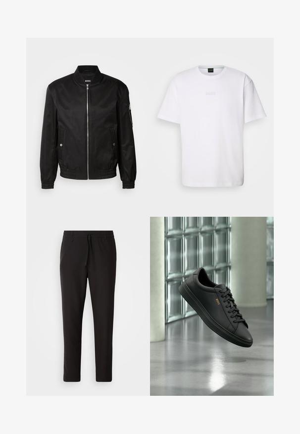 Schwarze Bomberjacke aus glattem Material, mit einem gerippten Kragen, vorne mit Reißverschluss, seitlichen Taschen und elastischen Bündchen sowie Bund.; Weißes Baumwoll-T-Shirt mit kurzen Ärmeln, rundem Ausschnitt und geprägtem "BOSS"-Logo auf der Brust. Glatte Textur, normale Passform.; Schwarze Jogginghose aus glattem Stoff. Mit einem elastischen Bund und Kordelzug, schmal zulaufenden Beinen und ohne sichtbare Taschen. Einfaches Design.; Schwarzer flacher Ledersneaker mit schwarzen Schnürsenkeln und goldenem BOSS-Logo an der Seite, schwebend über einem glänzenden grauen Boden in einem modernen Innenraum.