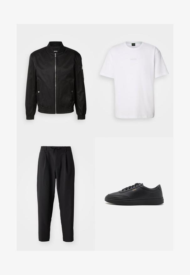 Chaqueta bomber negra hecha de tela suave, con un cuello de canalé, cremallera frontal, bolsillos laterales y puños y dobladillo elásticos.; Camiseta de algodón blanca de manga corta, con escote redondo y logotipo grabado de "BOSS" en el pecho. Textura suave, ajuste estándar.; Pantalones negros ajustados con cintura elástica y cordón. Tejido suave con una textura ligera, con pliegues y bolsillos laterales.; Zapatillas de cuero negro con una textura suave, punta redondeada, suela plana de goma y cordones a tono. Presentan el logotipo dorado "BOSS" en el lateral.