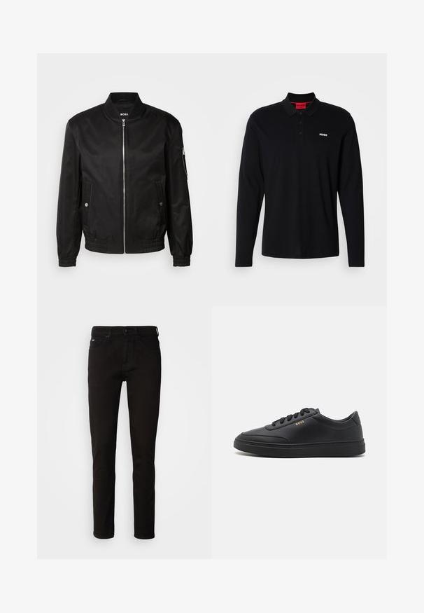 Schwarze Bomberjacke aus glattem Material, mit einem gerippten Kragen, vorne mit Reißverschluss, seitlichen Taschen und elastischen Bündchen sowie Bund.; Schwarzes Longsleeve-Polohemd aus Baumwolle mit rotem Kragen und Drei-Knopf-Leiste, ausgestattet mit einem weißen "HUGO"-Logo auf der Brust.; Schwarze Denim-Jeans mit geradem Bein, Reißverschluss und einem Fünf-Taschen-Design. Der Stoff hat eine glatte Textur ohne sichtbare Muster.; Schwarze Leder-Sneaker mit glatter Textur, runder Zehenpartie, flacher Gummisohle und einfarbigen Schnürsenkeln. Mit goldfarbenem "BOSS" Logo an der Seite.
