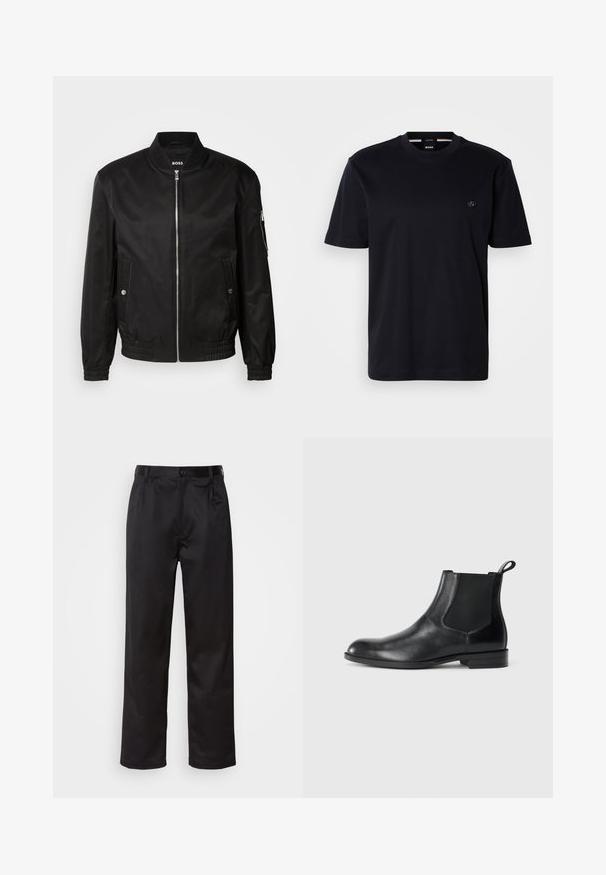 Chaqueta bomber negra hecha de tela suave, con un cuello de canalé, cremallera frontal, bolsillos laterales y puños y dobladillo elásticos.; Camiseta negra de manga corta en algodón suave, con cuello redondo y un pequeño logo circular en el pecho. Diseño minimalista, sin estampados.; Pantalones negros de tela suave, con cierre delantero de botón, pliegues y patas rectas. Sin patrones ni acentos visibles.; Botín negro de cuero hasta el tobillo con paneles elásticos a los lados, punta redondeada y lengüeta. Textura suave, suela plana, diseño minimalista.