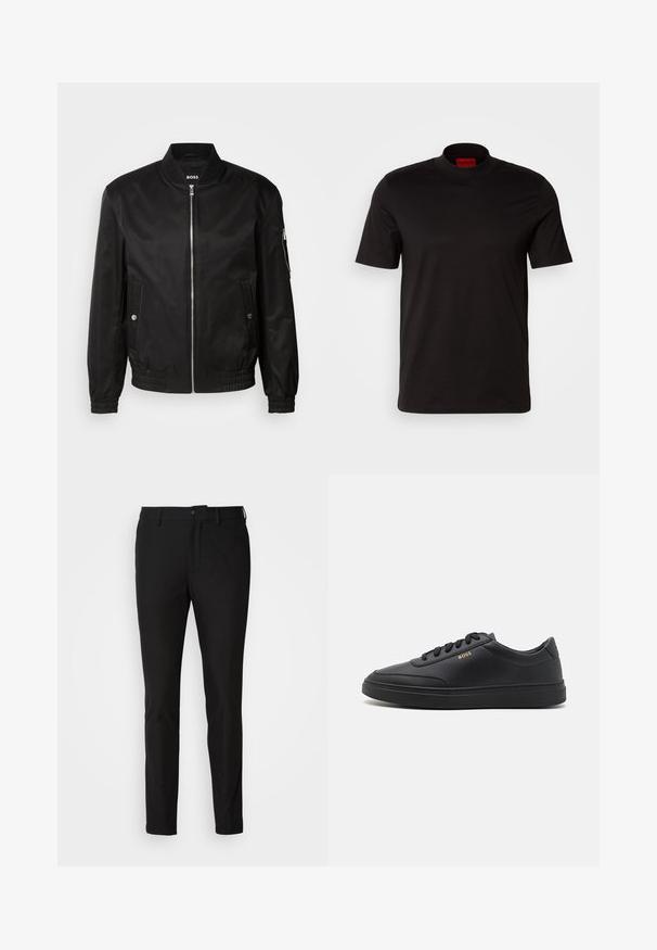 Veste bomber noire en tissu lisse, dotée d'un col côtelé, d'une fermeture éclair à l'avant, de poches latérales et de poignets et ourlet élastiques.; T-shirt noir à manches courtes avec un design à col haut. Fabriqué en tissu lisse. Présente une étiquette de marque rouge à l'intérieur du col.; Pantalon noir ajusté, avec une fermeture à bouton, une braguette zippée et deux poches avant. Tissu lisse avec un fini mat.; Baskets en cuir noir avec une texture lisse, bout rond, semelle en caoutchouc plate et lacets ton sur ton. Présente une marque "BOSS" dorée sur le côté.