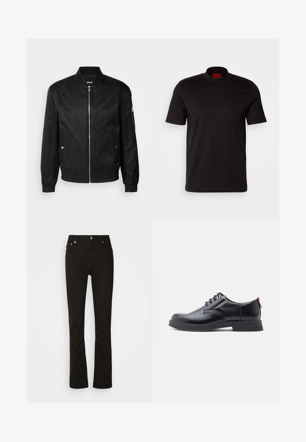 Chaqueta bomber negra hecha de tela suave, con un cuello de canalé, cremallera frontal, bolsillos laterales y puños y dobladillo elásticos.; Camiseta negra de manga corta con un diseño de cuello alto. Fabricada con un tejido suave. Presenta una etiqueta de marca roja en el interior del cuello.; Jeans de denim negro con diseño de pierna recta, que cuentan con bolsillos frontales, una cremallera y acentos de hardware plateado. Textura suave, sin patrones.; Zapatos de piel negra con cordones, textura lisa, puntera redondeada y detalles sutiles de costura. Cuentan con una lengüeta roja en el talón.