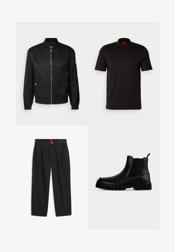 Chaqueta bomber negra hecha de tela suave, con un cuello de canalé, cremallera frontal, bolsillos laterales y puños y dobladillo elásticos.; Camiseta negra de manga corta con un diseño de cuello alto. Fabricada con un tejido suave. Presenta una etiqueta de marca roja en el interior del cuello.; Pantalones negros de talle alto con pliegues delanteros, trabillas para cinturón, cierre con botón y cremallera, y una etiqueta roja en el interior de la cintura.; Bota negra de cuero hasta el tobillo con suela texturizada, paneles laterales elásticos y pestaña de tirador sobre fondo gris claro.