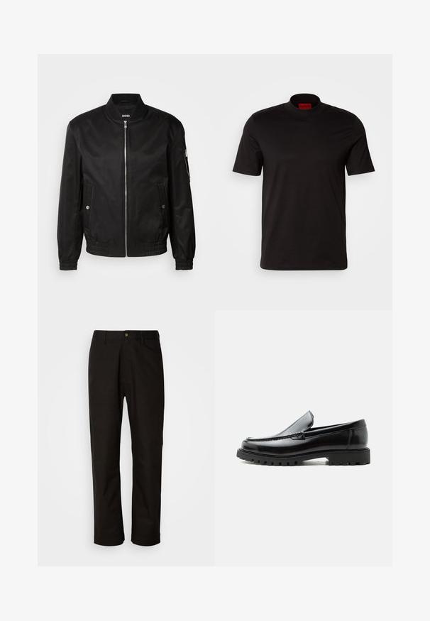 Veste bomber noire en tissu lisse, dotée d'un col côtelé, d'une fermeture éclair à l'avant, de poches latérales et de poignets et ourlet élastiques.; T-shirt noir à manches courtes avec un design à col haut. Fabriqué en tissu lisse. Présente une étiquette de marque rouge à l'intérieur du col.; Pantalon en coton noir avec une coupe droite, des passants de ceinture, une fermeture éclair à l'avant et un seul bouton. Texture lisse sans motifs visibles.; Mocassin en cuir noir avec semelle en caoutchouc épaisse, dessus cousu et nom de marque embossé sur le talon, présenté de profil sur fond blanc.